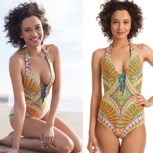 Trina‎ Turk Capri Sherbet Orange Halter Lace Up One Piece Swimsuit Sz 8